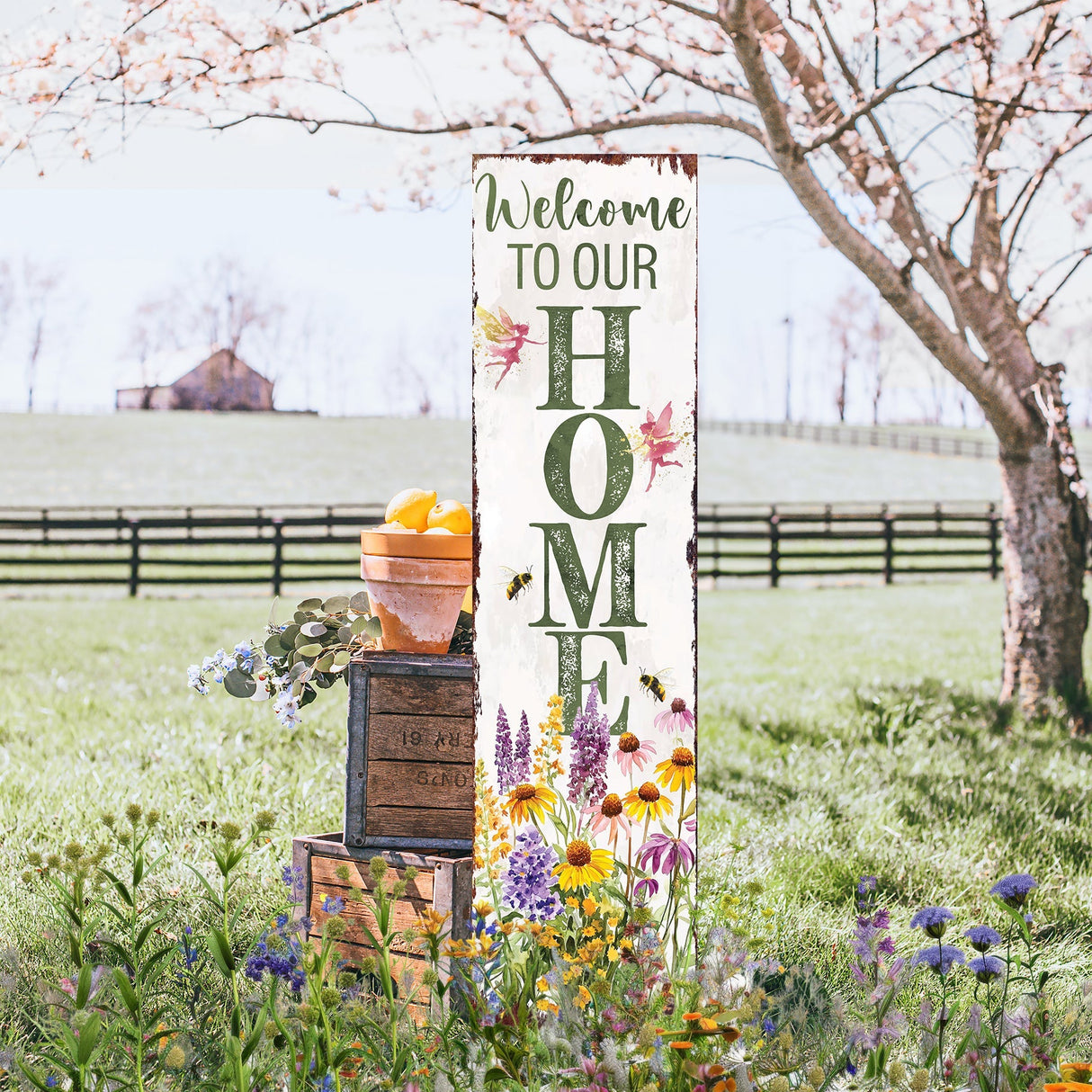 Summer Welcome to Our Home Porch Sign | Wildflower Garden Design with Bees & Fairies | UV Print | Multi Sizes for Front Porch Decor