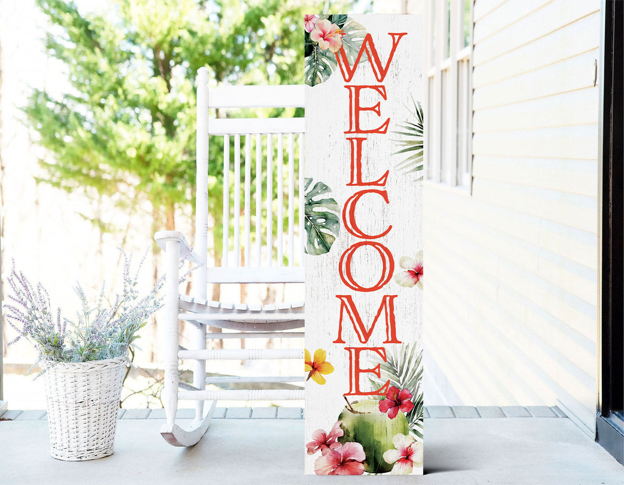 36in tropical welcome porch sign for front door, wooden 36-inch entryway decor, exotic-themed home accent, outdoor island vibes display