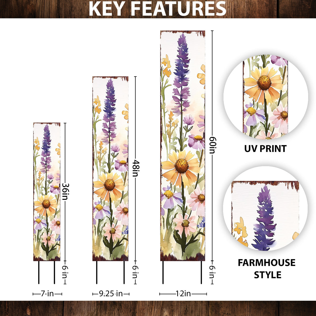 Summer Wildflowers Wooden Garden Stake Sign – Outdoor Floral Yard Décor | UV Print | Farmhouse Style | Multiple Sizes