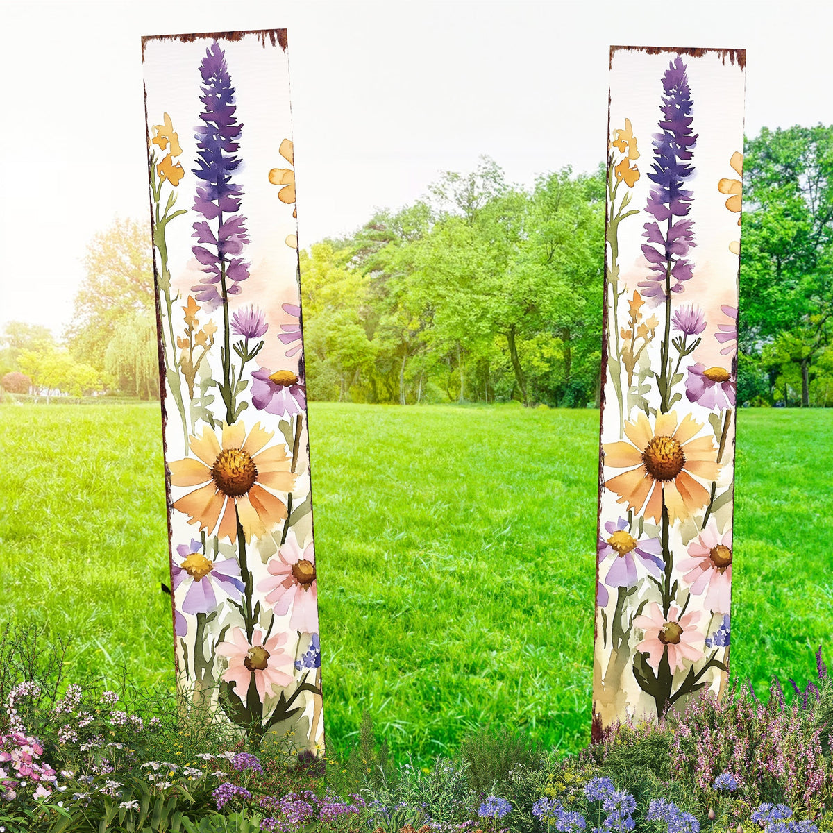 Summer Wildflowers Wooden Garden Stake Sign – Outdoor Floral Yard Décor | UV Print | Farmhouse Style | Multiple Sizes