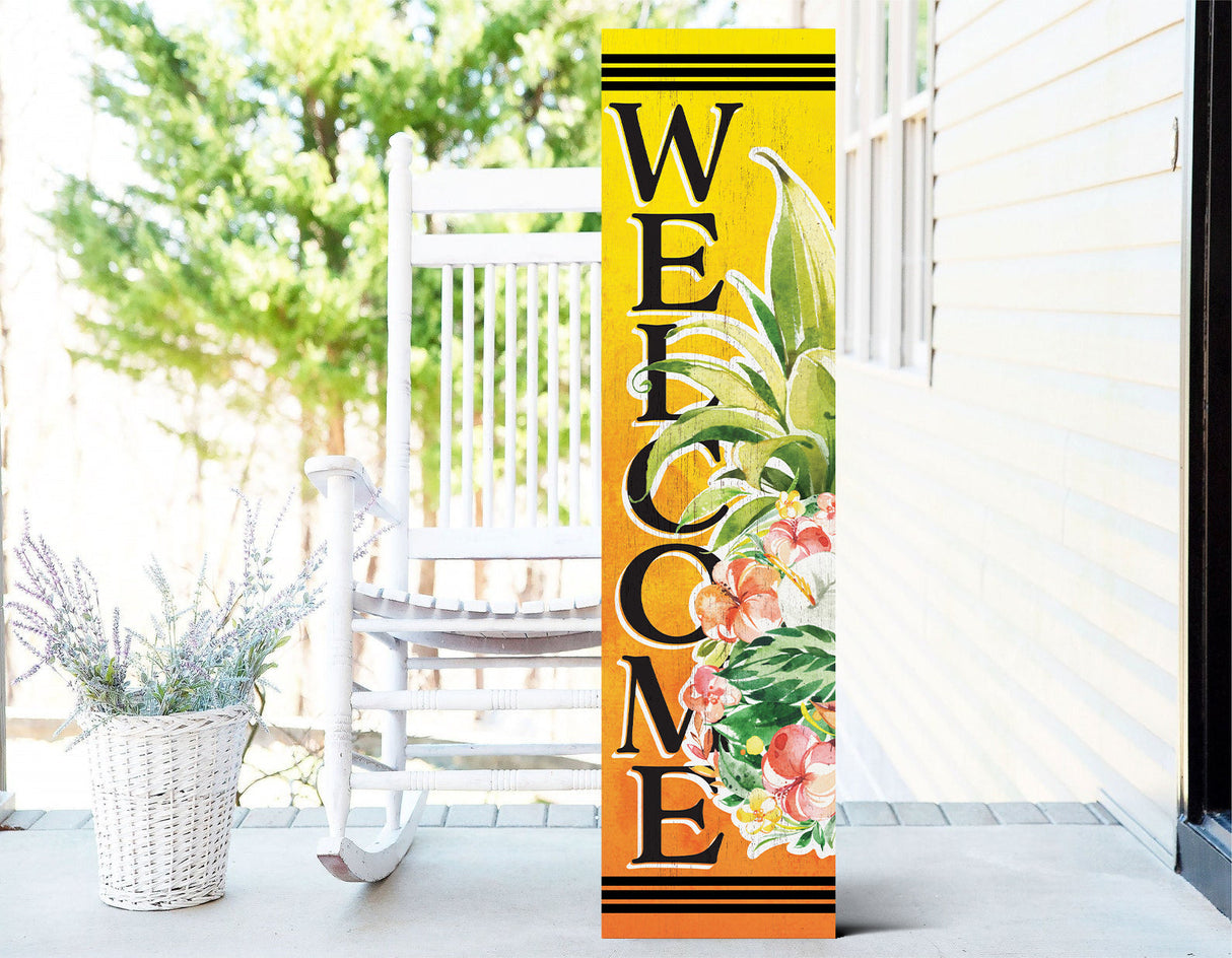 36" pineapple welcome wooden porch sign, tropical front door wall decor, rustic farmhouse outdoor entryway display