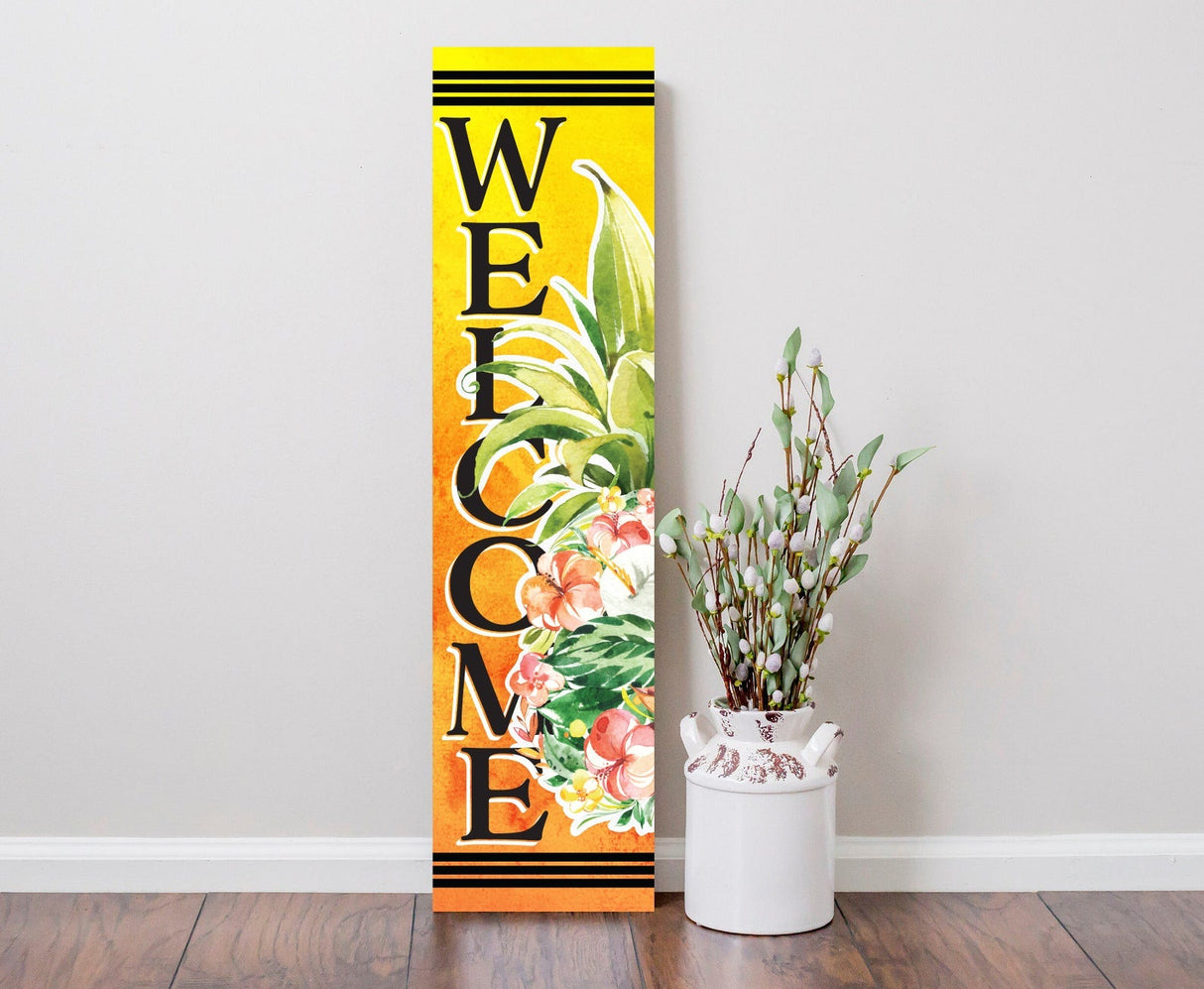 36" pineapple welcome wooden porch sign, tropical front door wall decor, rustic farmhouse outdoor entryway display