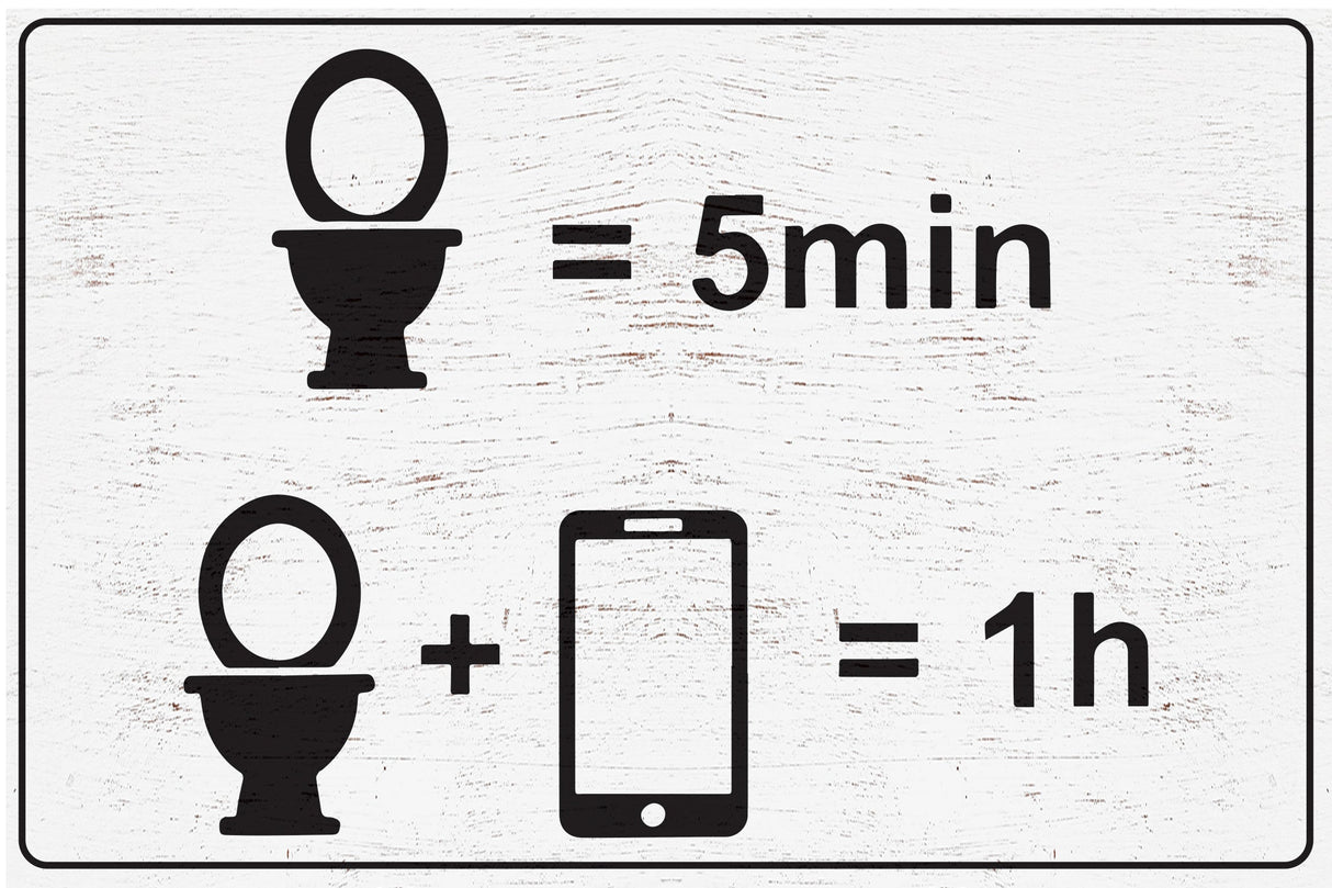 Add laughter to your bathroom: 7.5in x 5in wooden wall decor sign - "toilet = 5 min, toilet + phone = 1 hour" - humorous & fun