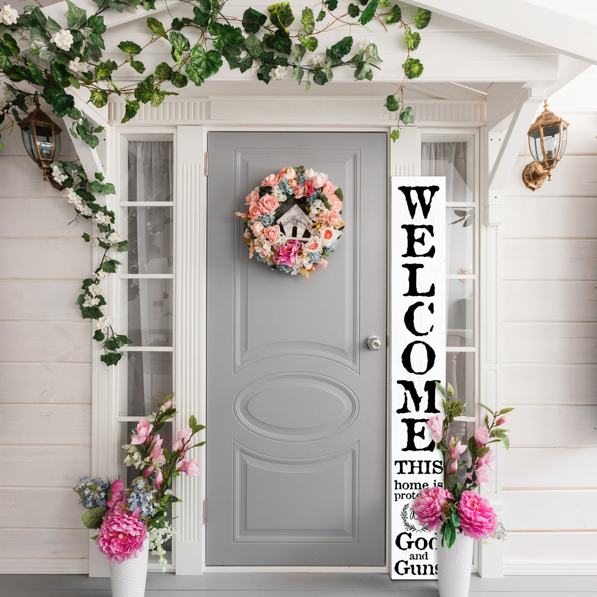 72in 'This Home is Protected by God and Guns' | Foldable Wooden Front Door & Porch Sign | Bold Home Security Statement | White