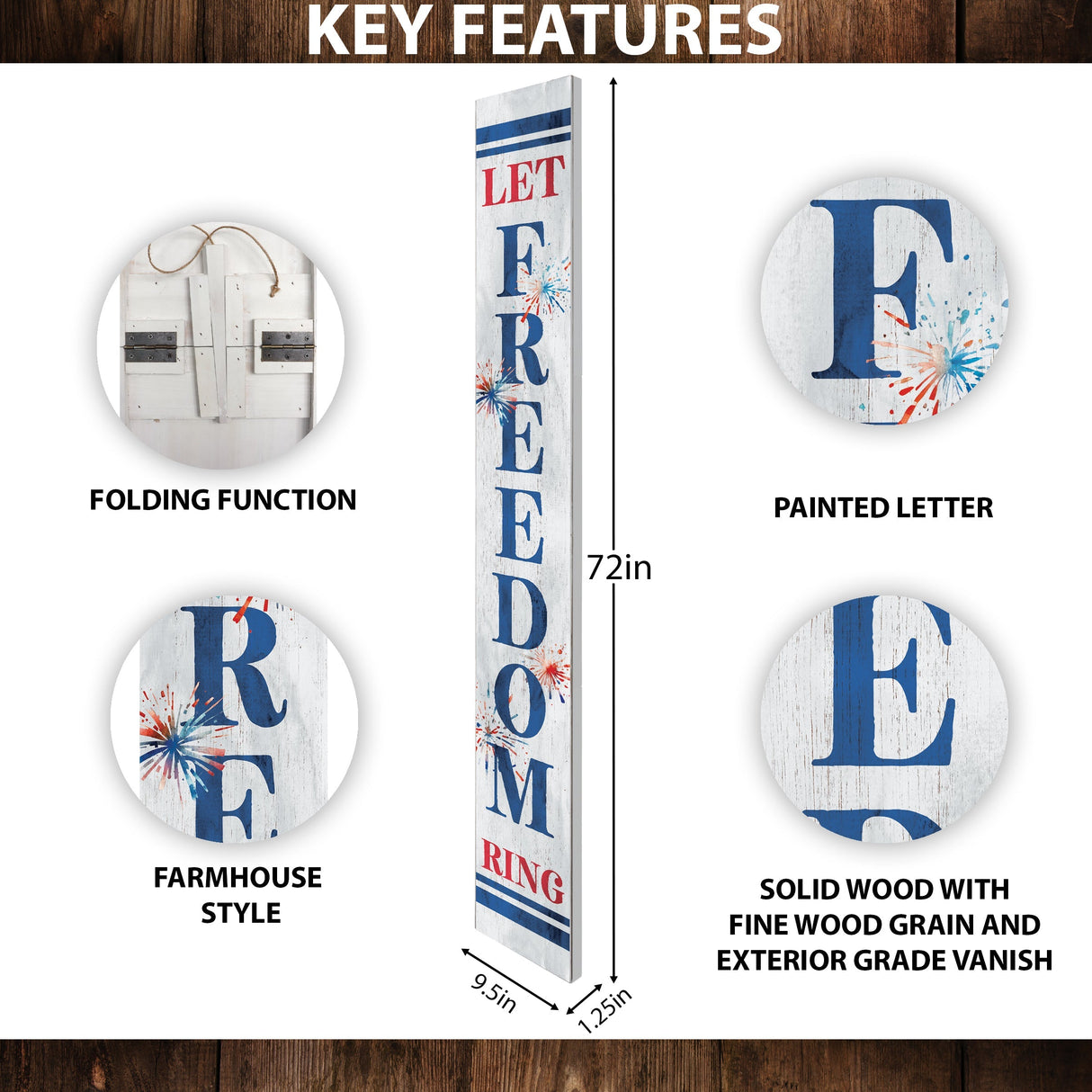 72in Let Freedom Ring Porch Sign | Patriotic Wooden Porch Decor | 4th of July Decor for Front Door | Independence Day Outdoor Decor