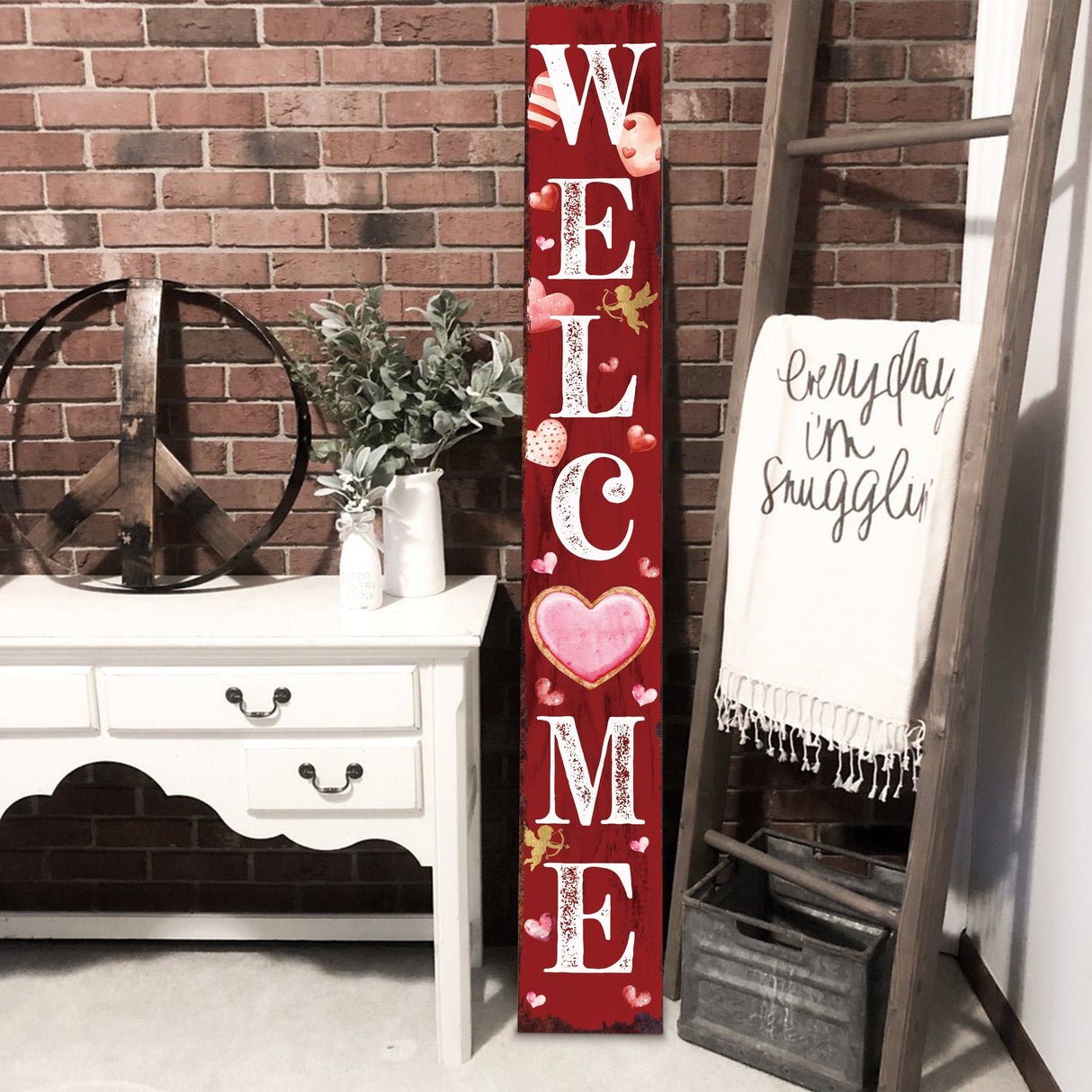 Rustic modern farmhouse entryway board - 72in 'welcome' valentine's day porch sign, front porch valentine's welcome sign