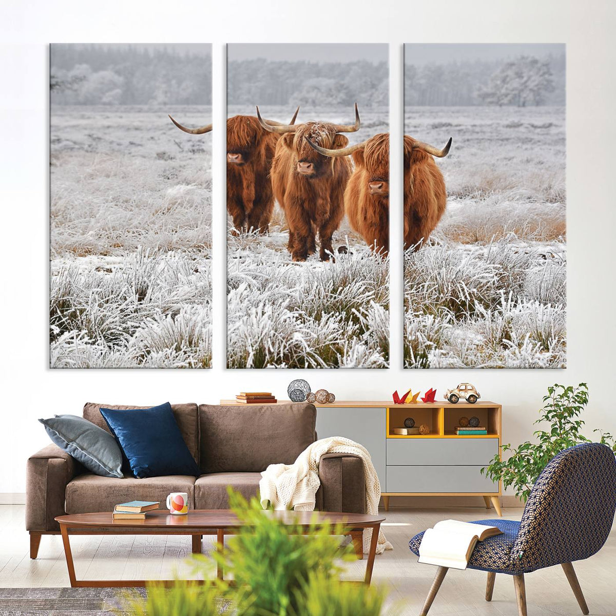 Highland Cows in Snow Canvas Art Print, Highland Cattle
