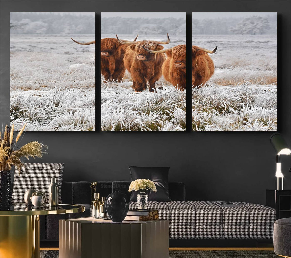 Highland Cows in Snow Canvas Art Print, Highland Cattle