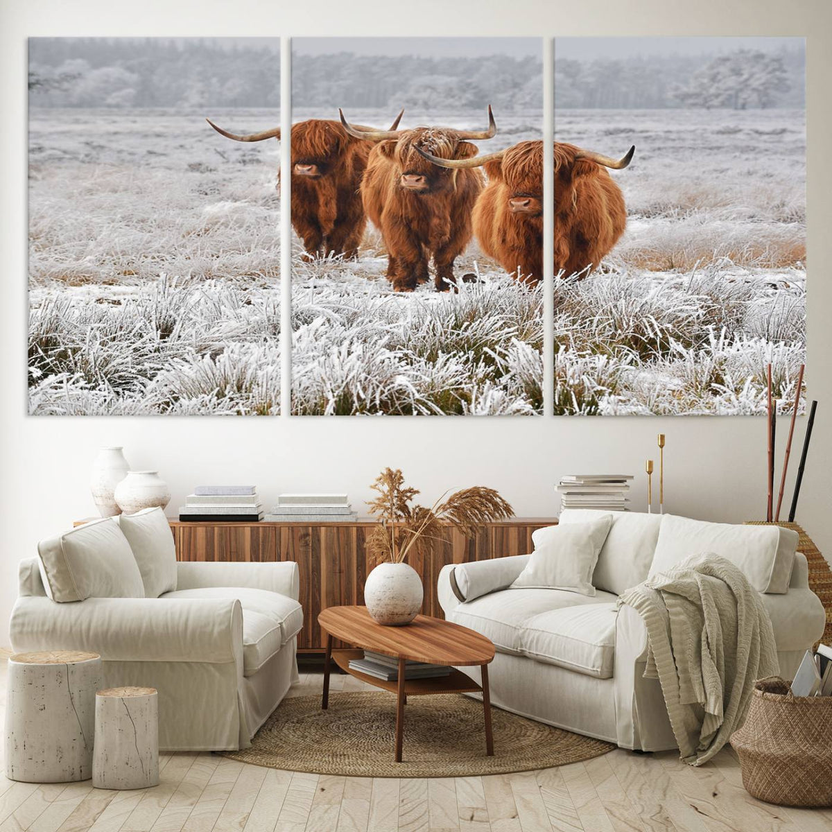 Highland Cows in Snow Canvas Art Print, Highland Cattle