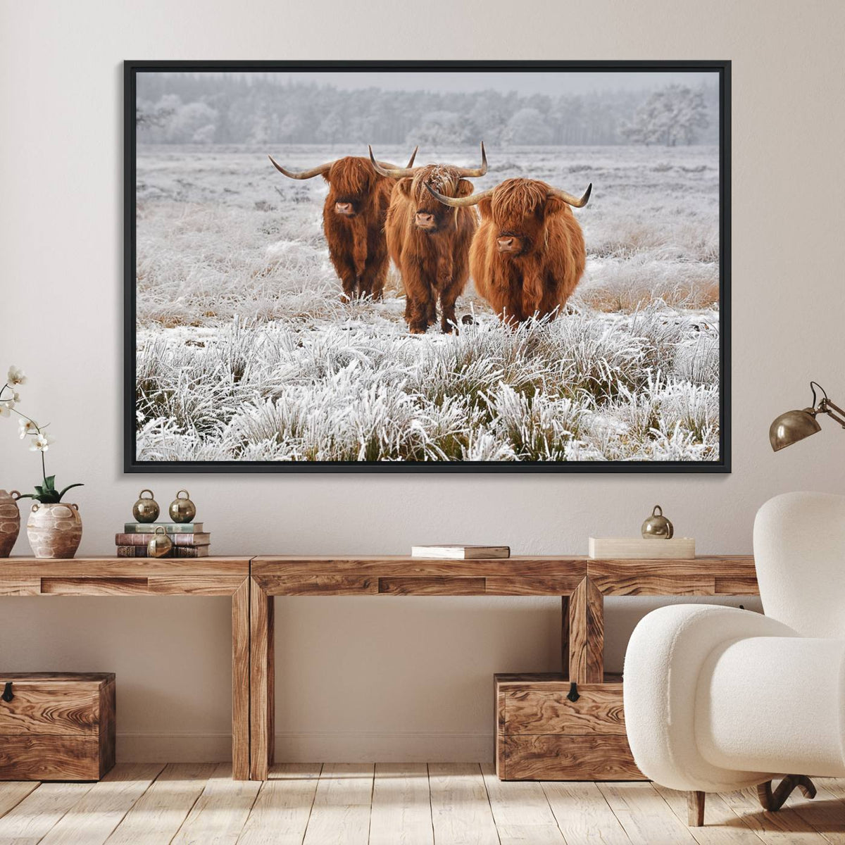 Highland Cows in Snow Canvas Art Print, Highland Cattle