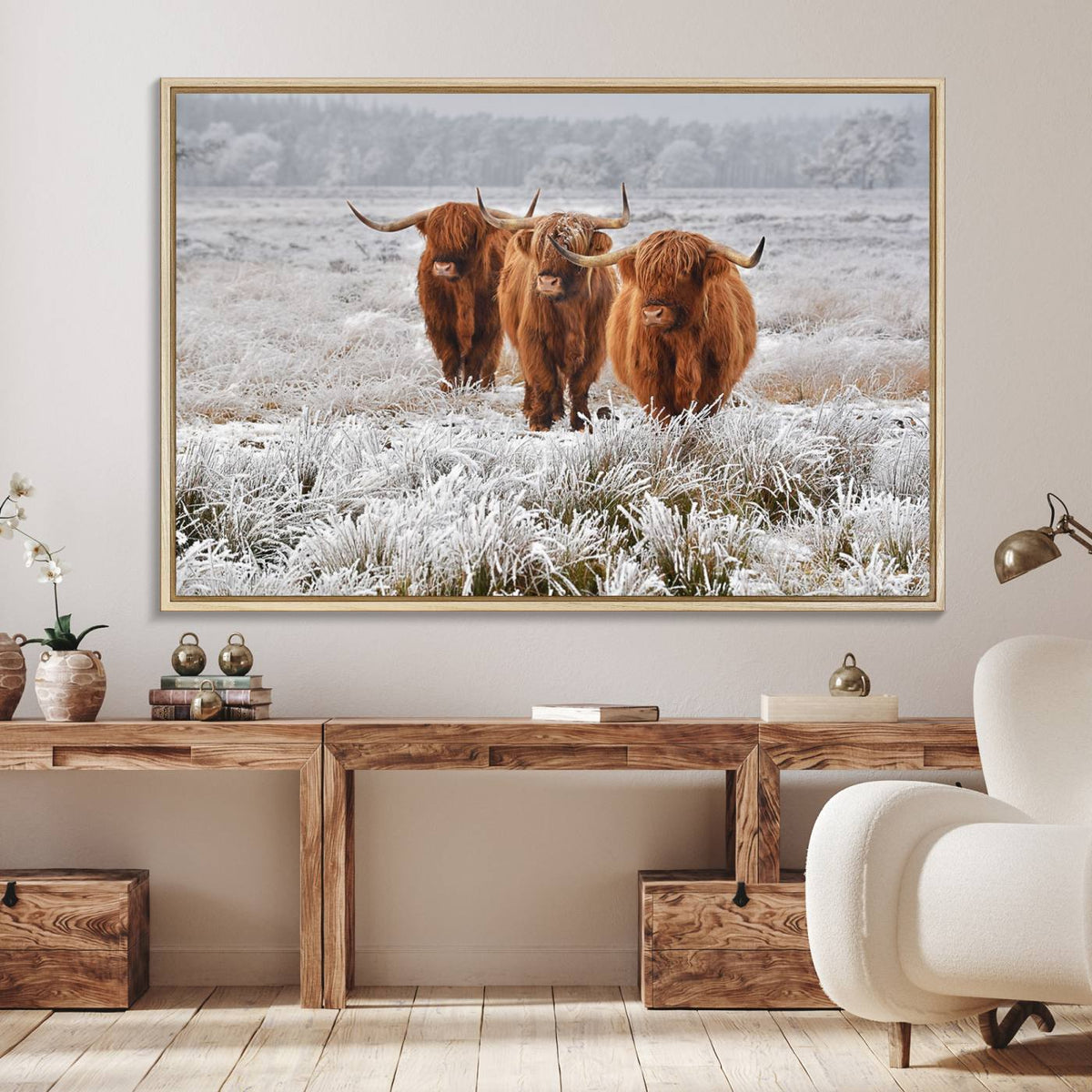 Highland Cows in Snow Canvas Art Print, Highland Cattle