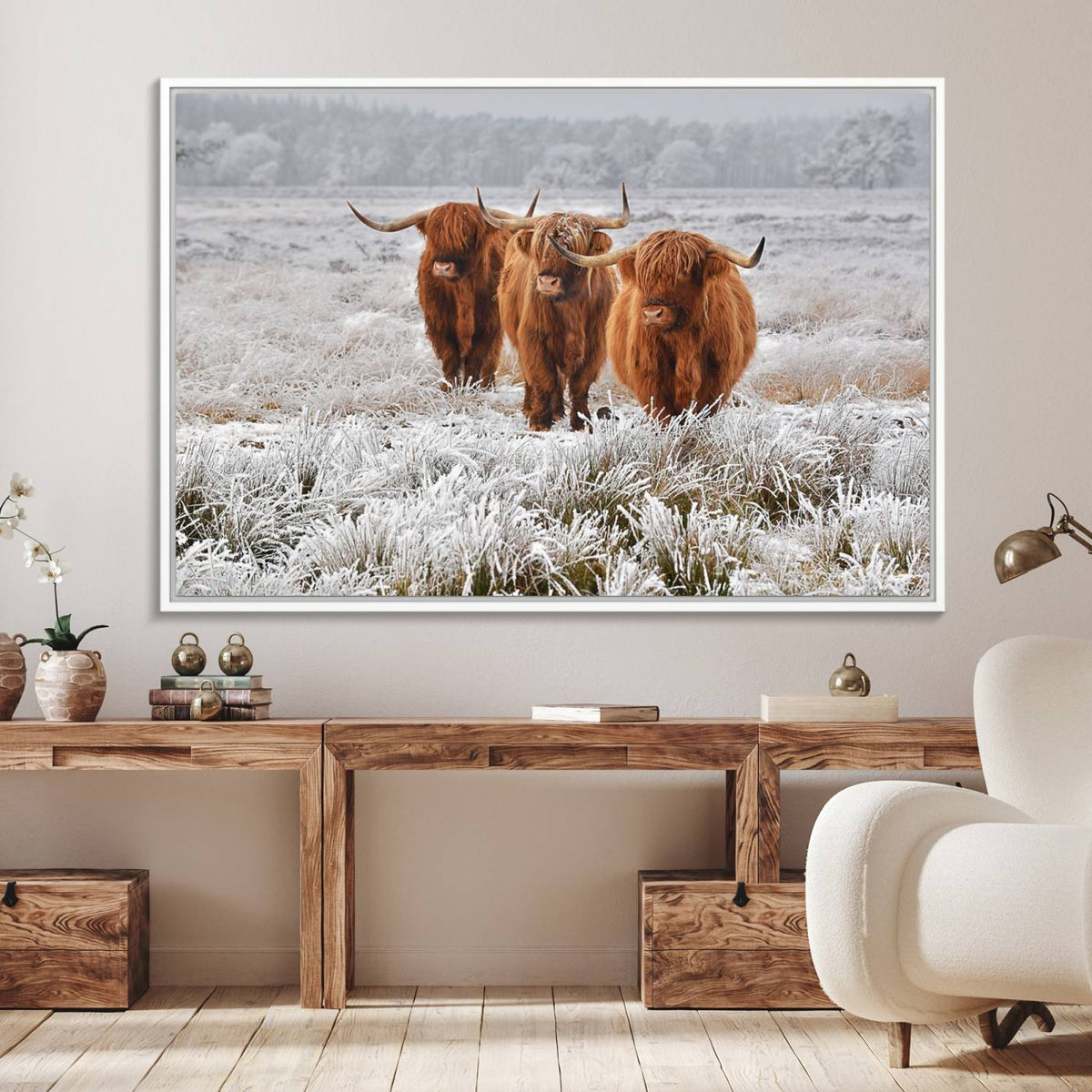 Highland Cows in Snow Canvas Art Print, Highland Cattle