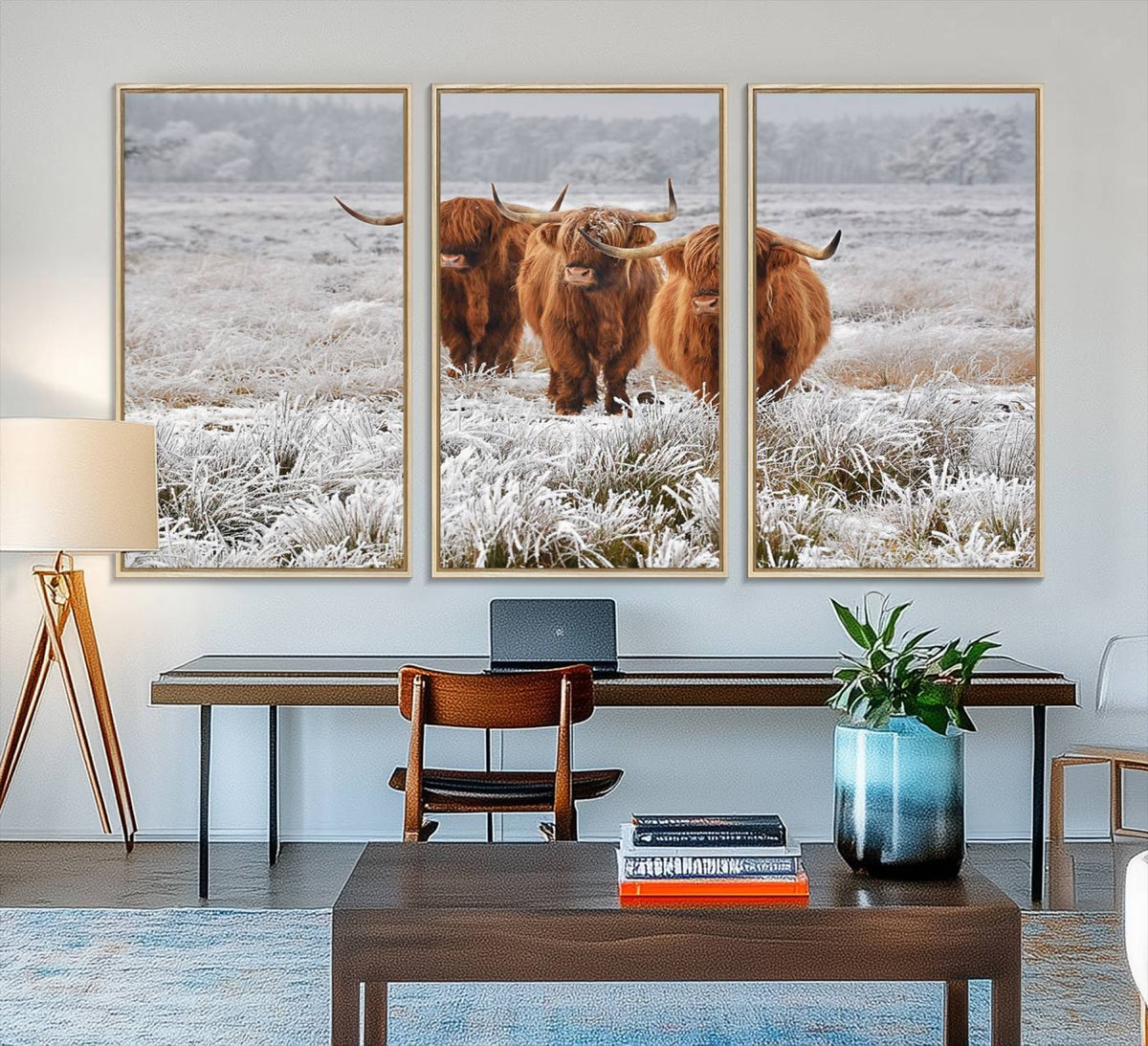 Highland Cows in Snow Canvas Art Print, Highland Cattle