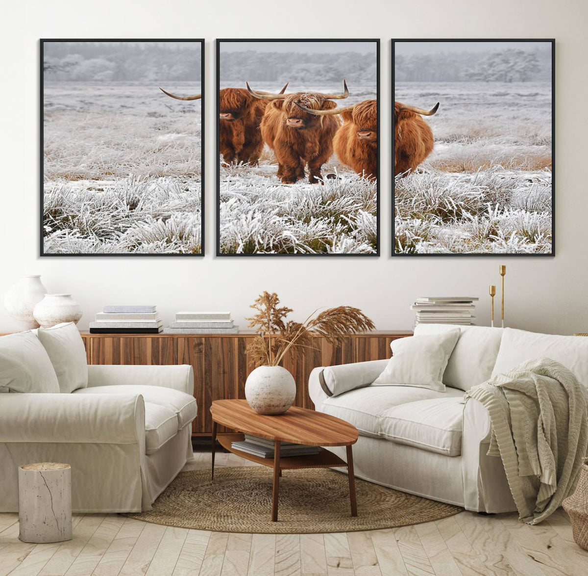 Highland Cows in Snow Canvas Art Print, Highland Cattle