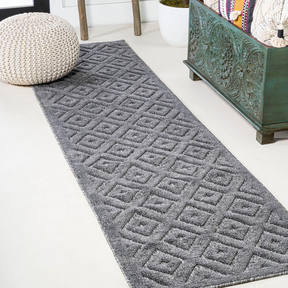 Portmany Neutral Diamond Trellis Indoor/Outdoor Runner Rug