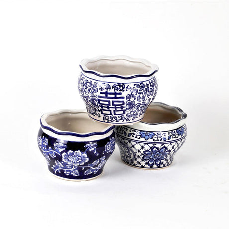 Blue and white terrace garden planter 3 pc set