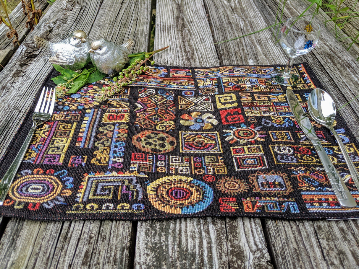 DaDa Bedding Set of 4-Pieces Ethnic Ornaments Geometric Black Tapestry Dining Placemats 13” x 19” (18118)