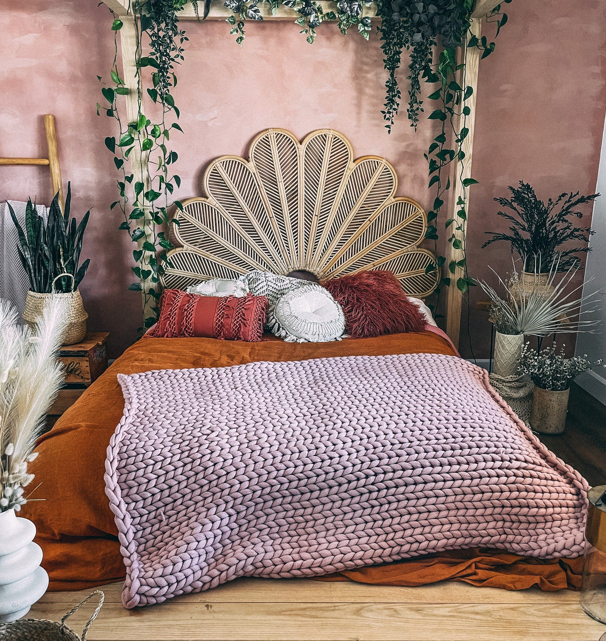 Queen Rattan Headboard 60in Handmade Wicker Boho Bedhead