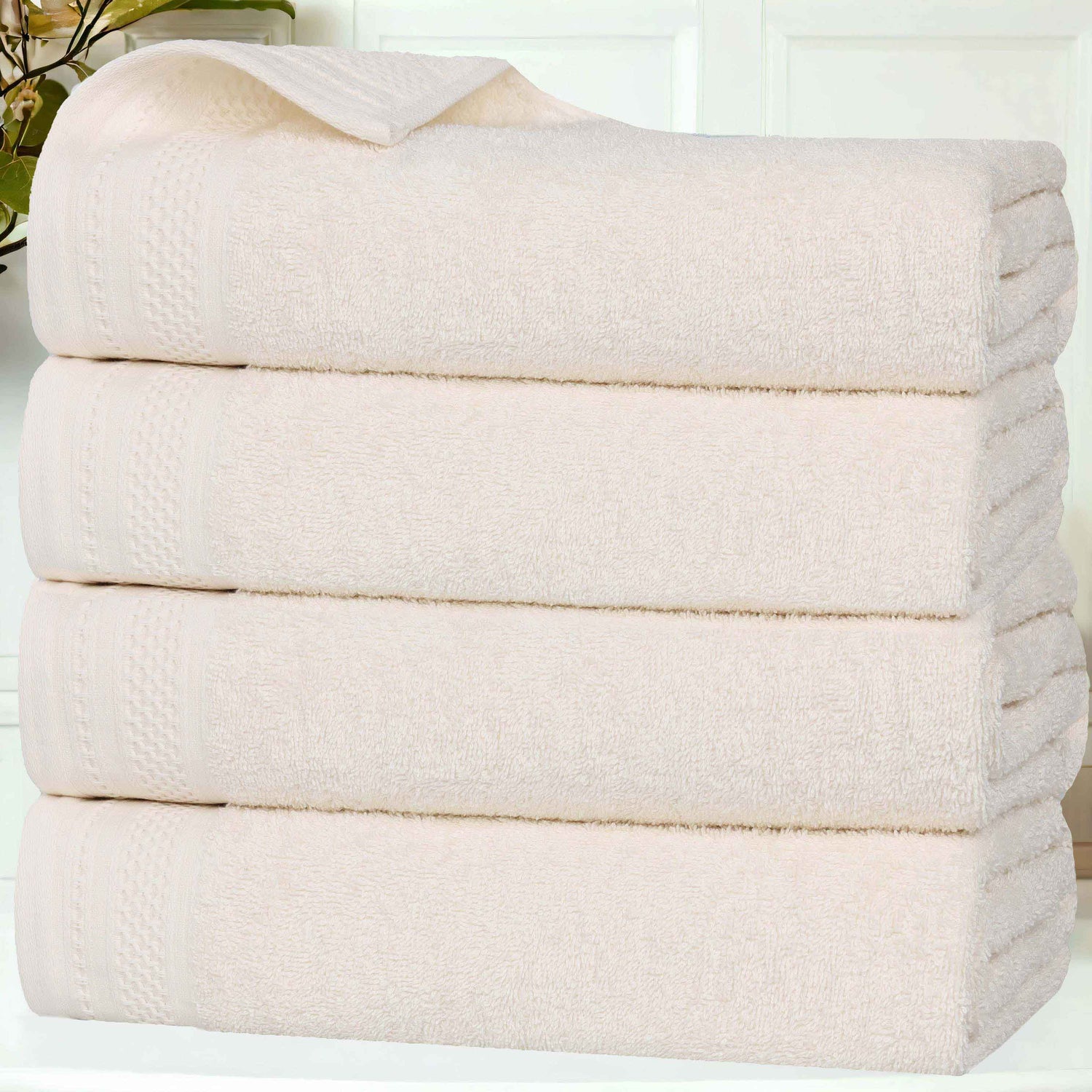 Honeycomb Textured Waffle Border Cotton Bath Towels, Set of 4 - Bath Towel by Superior Brand