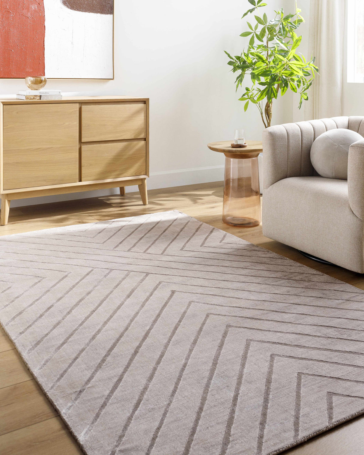 Tavran Taupe Subtle Linear Texture Cottage Farmhouse Viscose Handmade Area Rug - Clearance