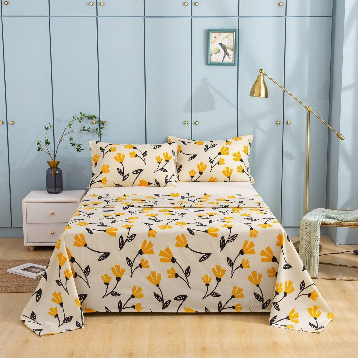 DaDa Bed in a Bag Bundle Set - Yellow Fleur Botanical Ivory Tan Floral Bedding Set (18112)