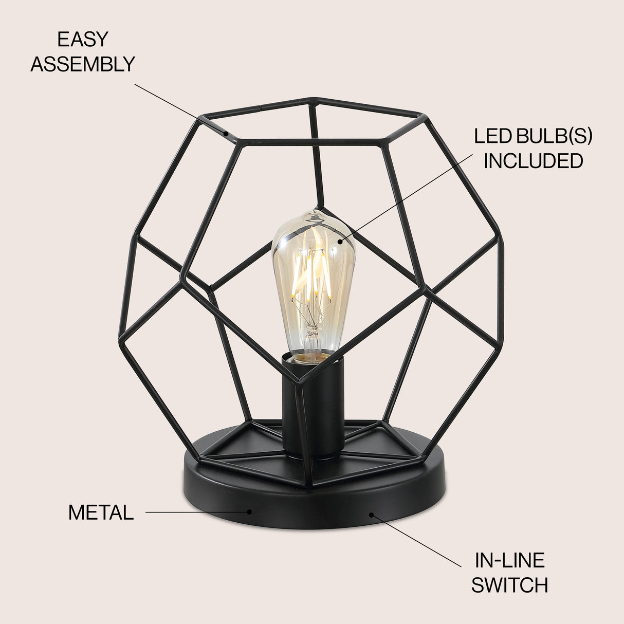 James MidCentury Glam Metal Geometric LED Table Lamp Black