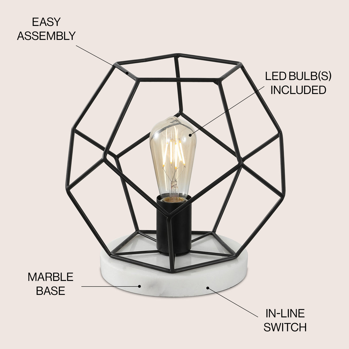 James MidCentury Glam Metal Marbled LED Table Lamp