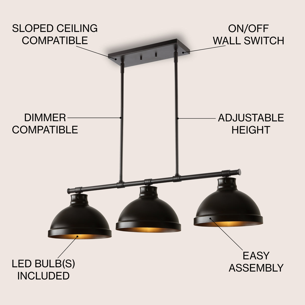 Asher 3-Light Industrial Farmhouse Iron Linear LED Pendant