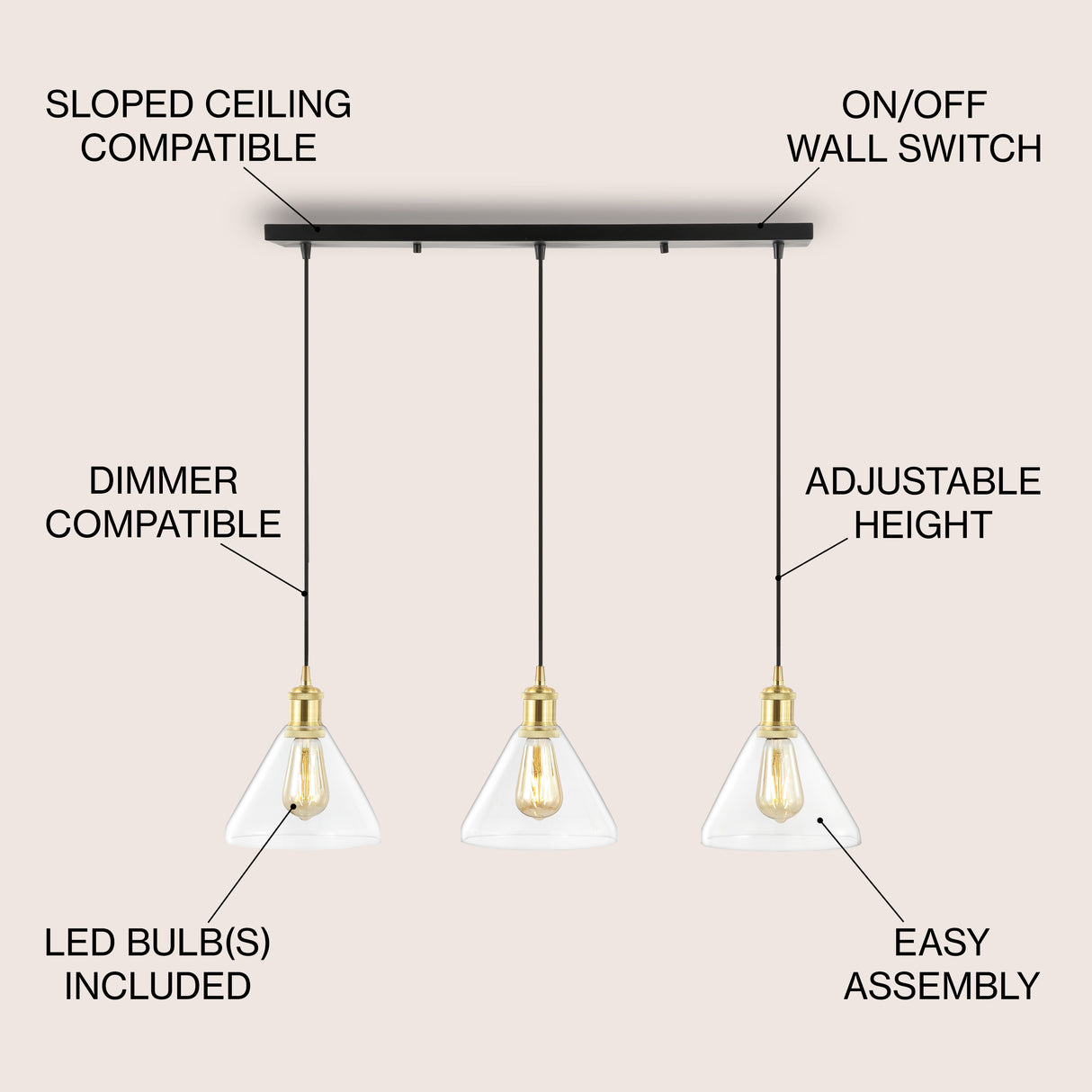 Kiawah 3-Light Metal/Glass Contemporary Modern LED Pendant
