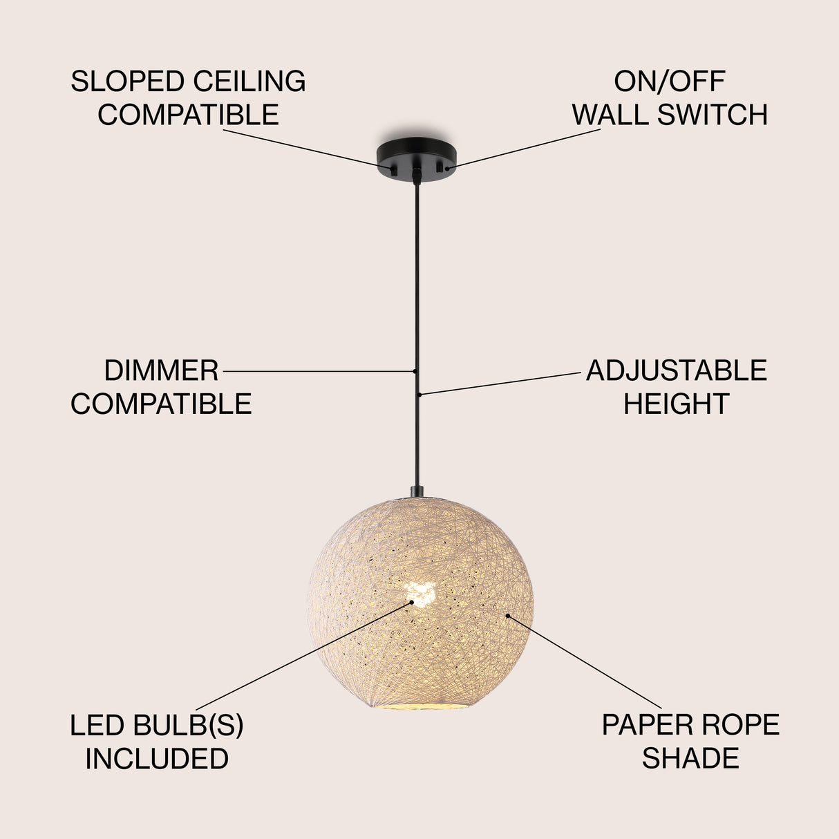 Lacey 1-Light Bohemian Minimalist Iron/Rope Woven Globe LED Pendant