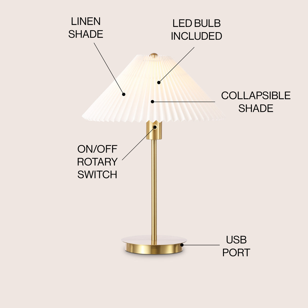 Freida Modern Glam Metal Column LED Table Lamp with USB Charging Port and Pleated Shade