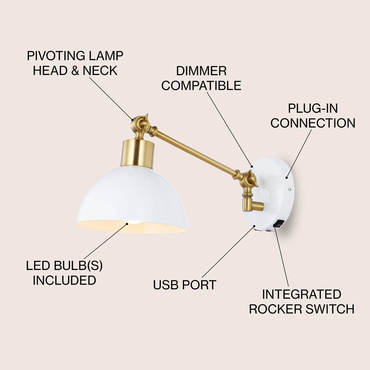 Lisa Swing Arm 1-Light Modern Midcentury Iron USB Charging Port LED Sconce