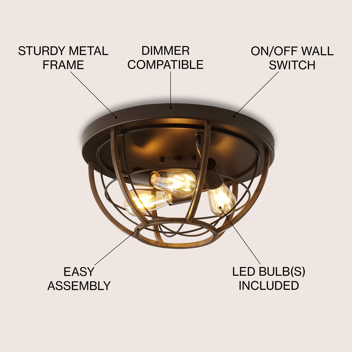 Lyla 3-Light Rustic Farmhouse Iron LED Flush Mount