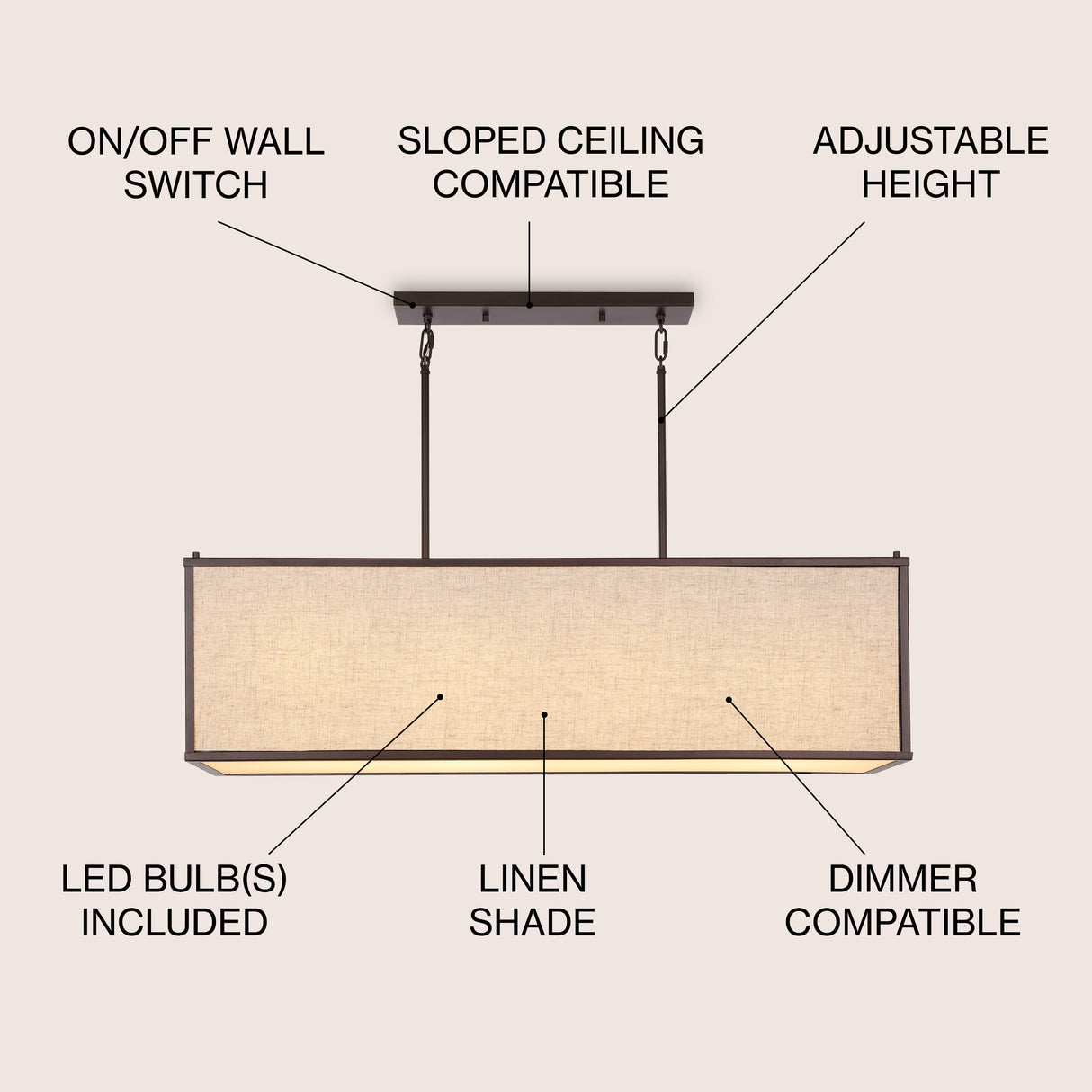Cole 4-Light Minimalist Industrial Rectangular Linen Iron Linear LED Pendant