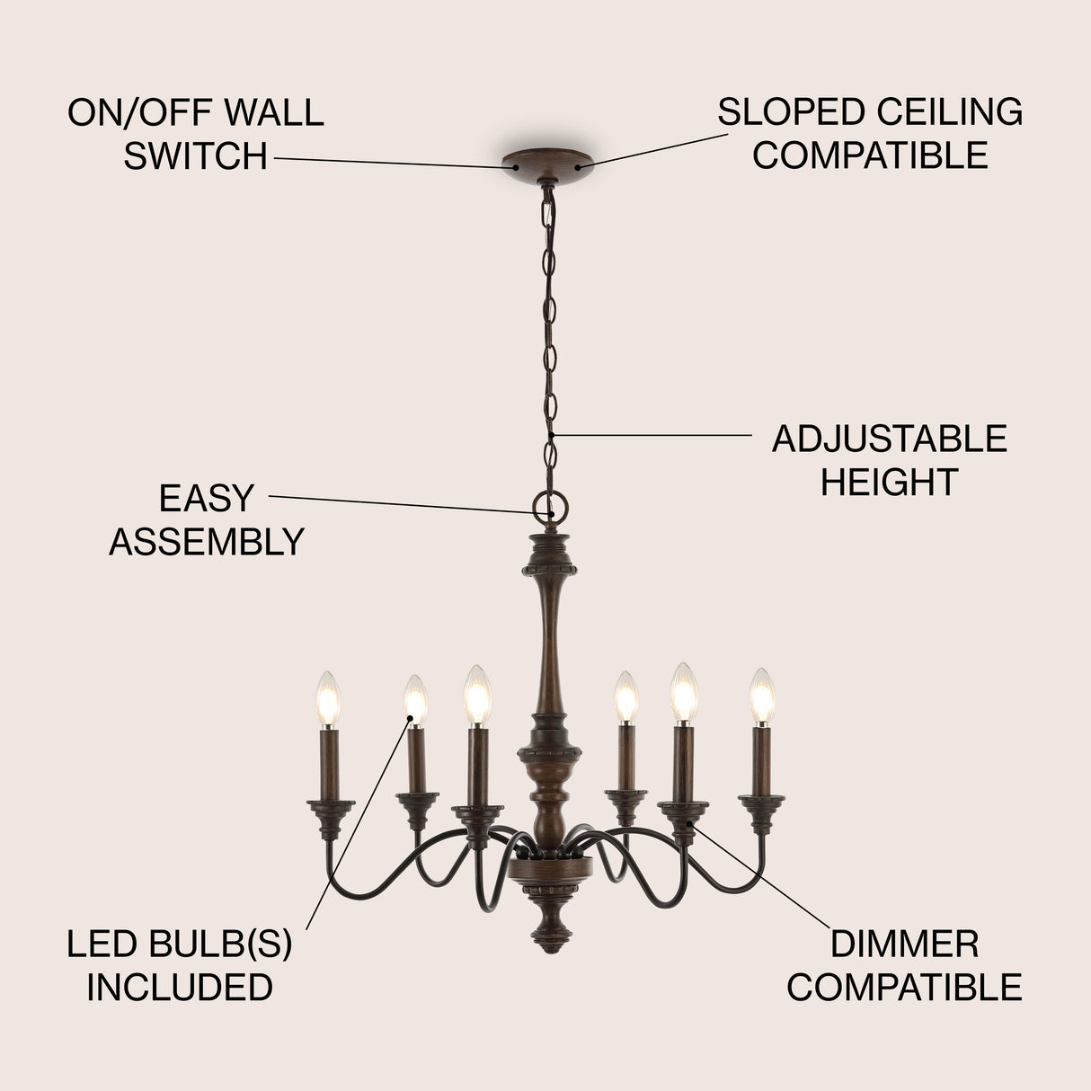 Oakley 6-Light Midcentury Farmhouse Iron LED Chandelier