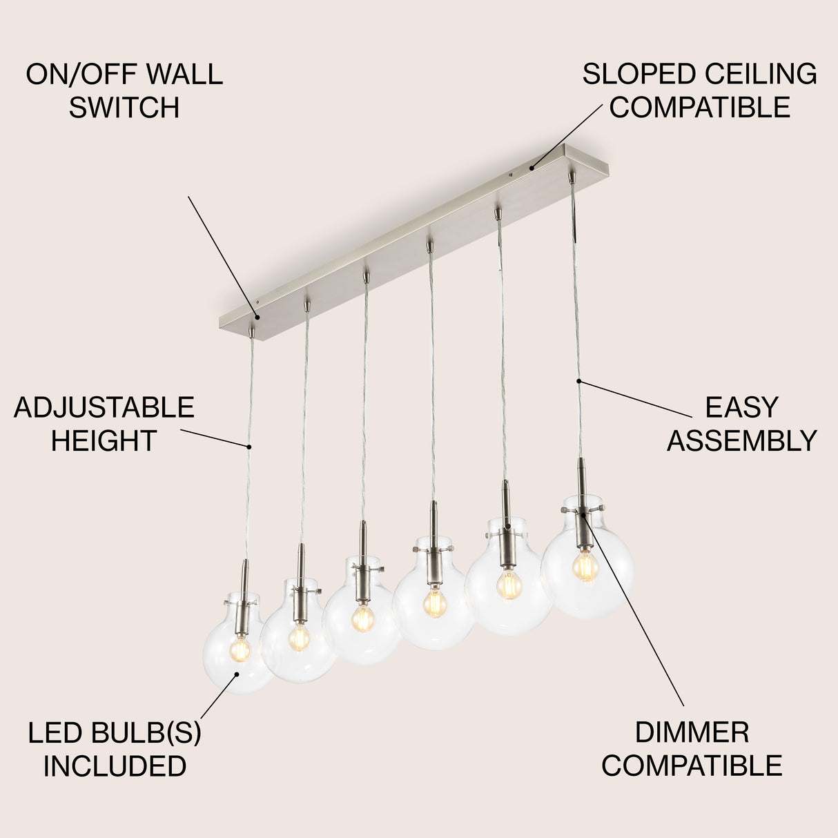 Harlow 6-Light Modern Contemporary Round Glass/Iron LED Linear Pendant
