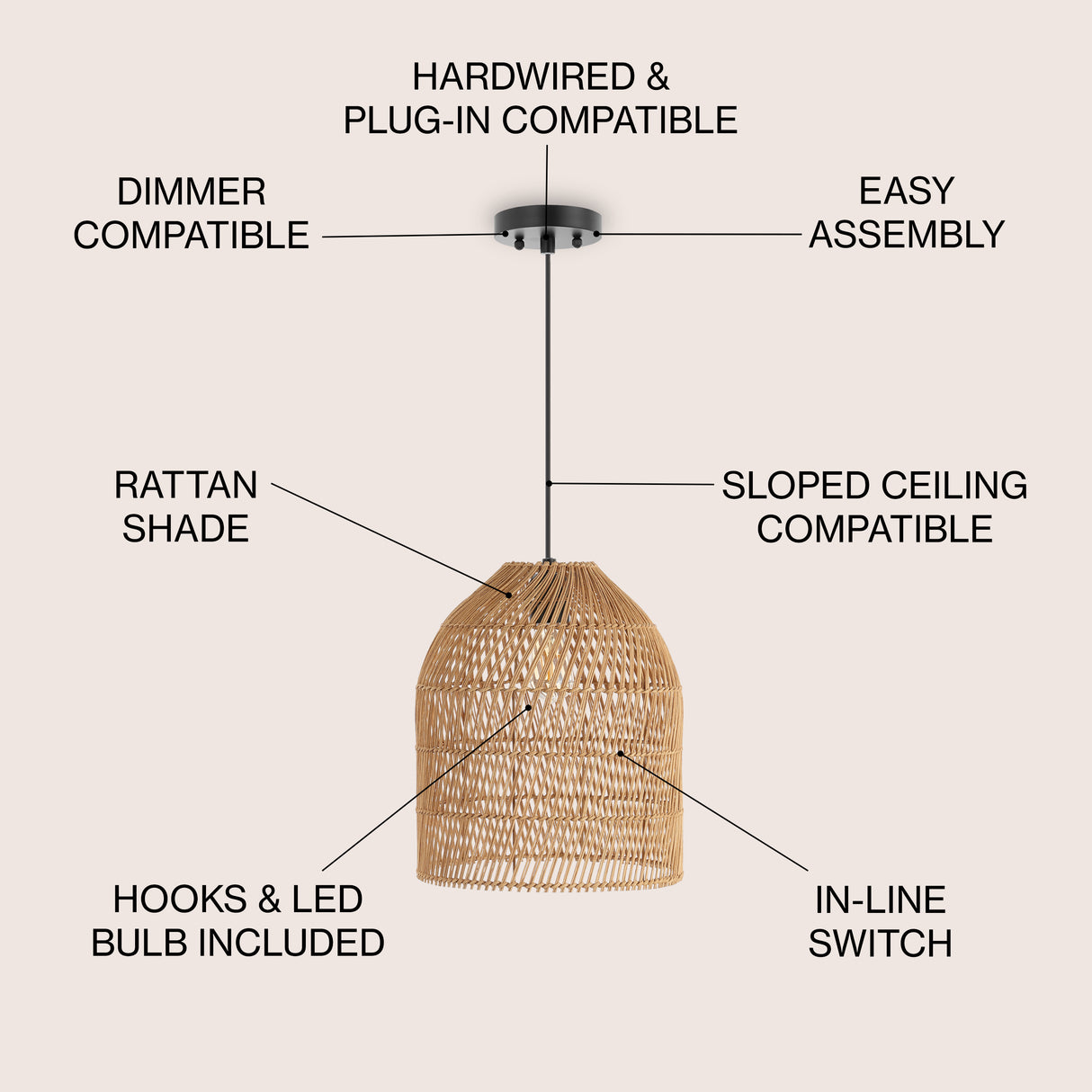Koda 1-Light Farmhouse Coastal Bohemian Rattan 180" Cord Plug-In or Hardwired LED Pendant