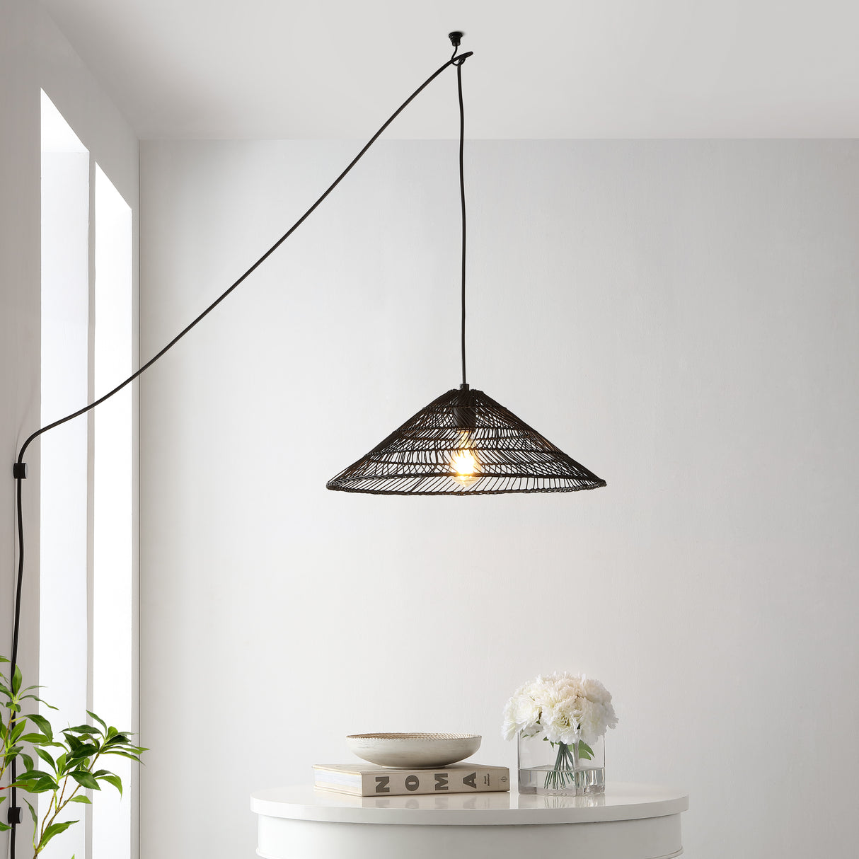 Nova 1-Light Farmhouse Coastal Rattan 180" Cord Plug-In or Hardwired LED Pendant