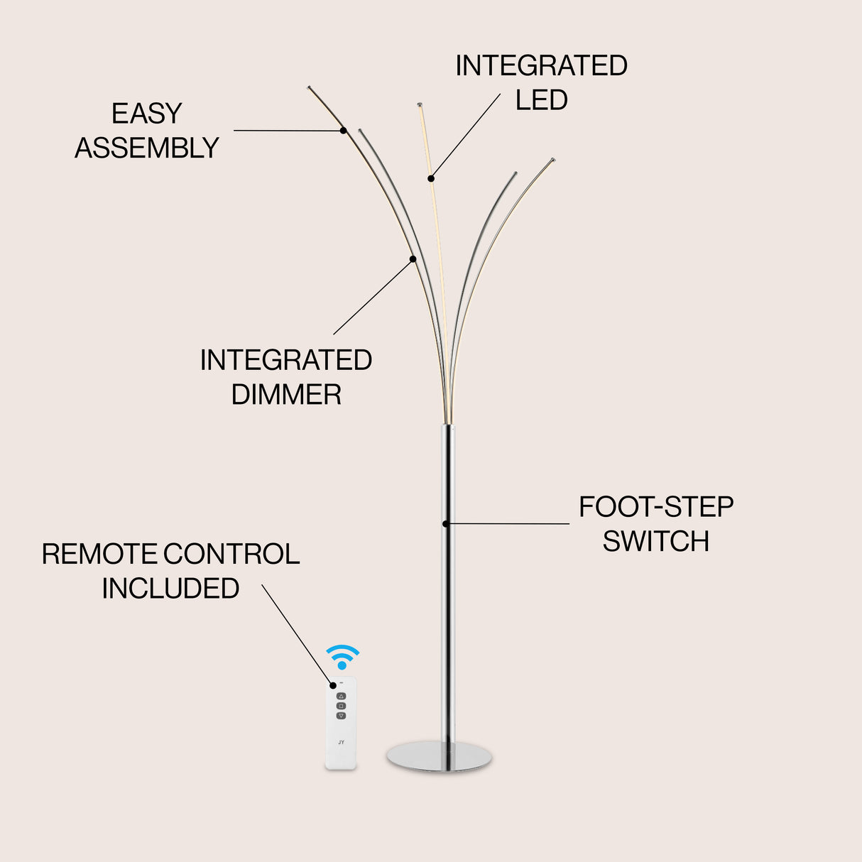 Fuochi Modern Minimalist Metal 5-Branch Arc Dimmable Integrated LED Floor Lamp with Remote Control