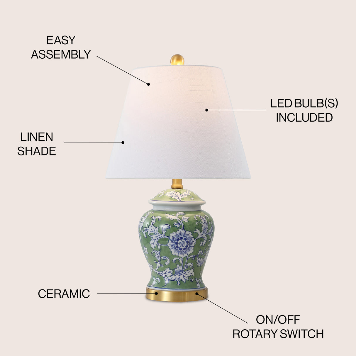 Penelope French Country Ceramic Chinoiserie Ginger Jar LED Table Lamp