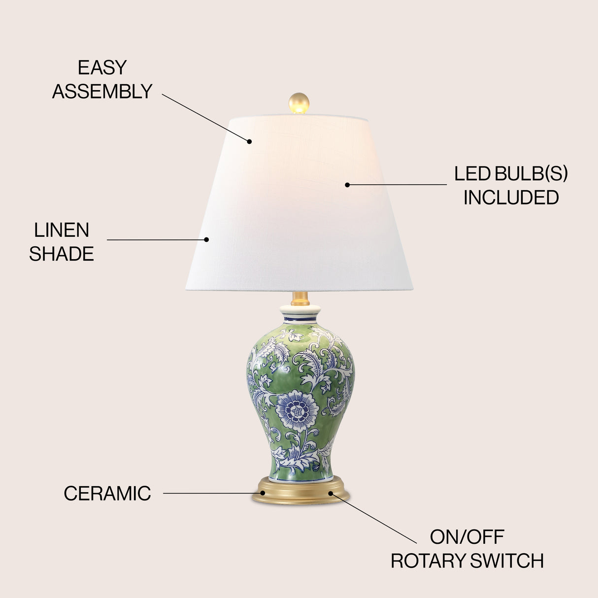 Grace French Country Cottage Ceramic/Iron Floral Urn LED Table Lamp
