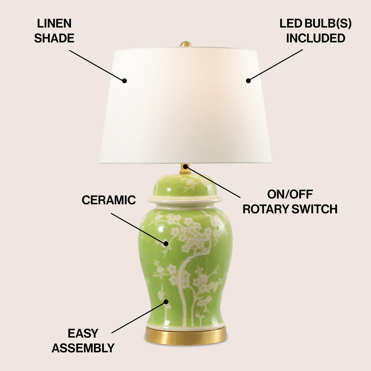 Gracie Traditional Cottage Ceramic/Metal Ginger Jar LED Table Lamp
