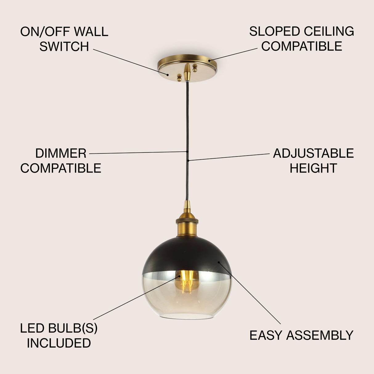 Nixon 1-Light MidCentury Modern Metal/Glass Adjustable Drop Globe LED Pendant