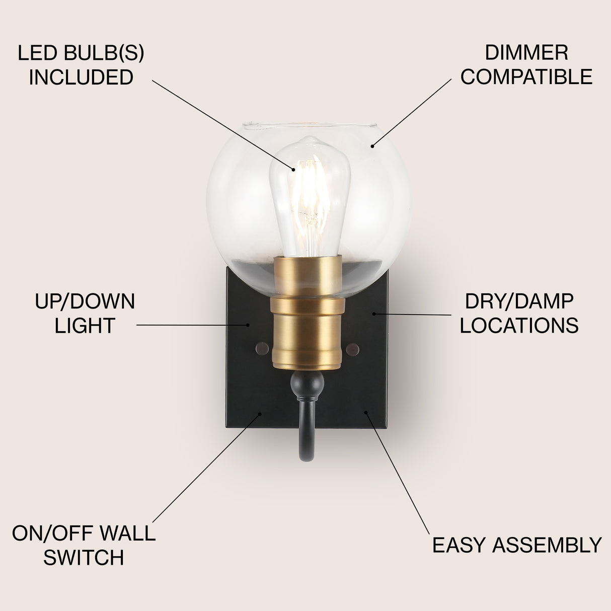 Marais 1-Light Iron/Glass Rustic Vintage LED Vanity Light