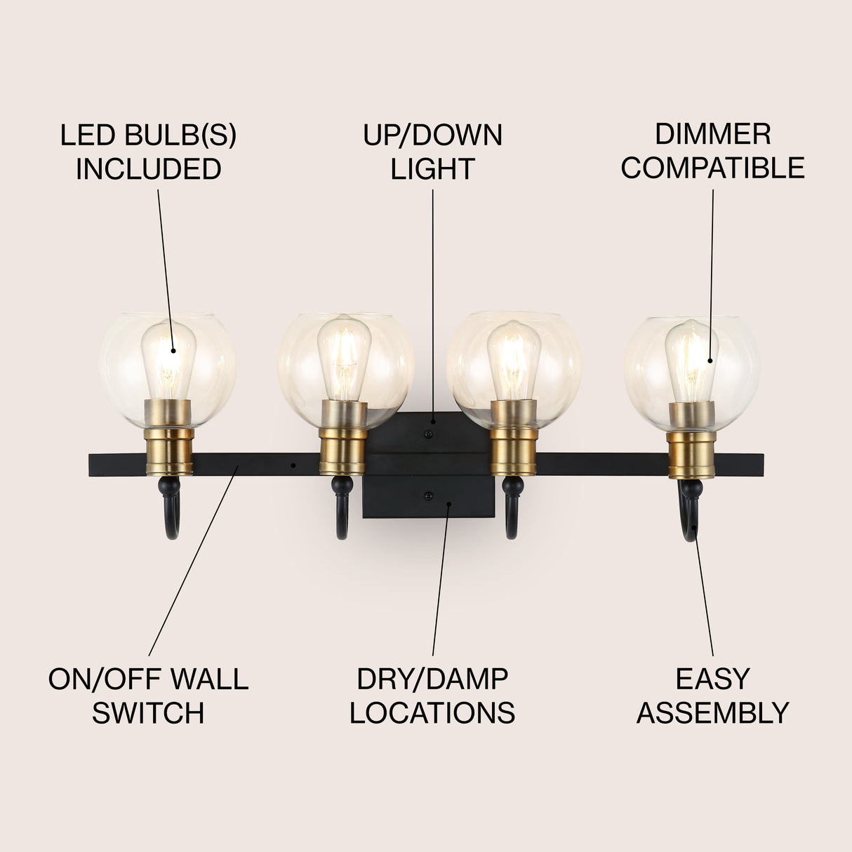 Marais 4-Light Iron/Glass Rustic Vintage LED Vanity Light
