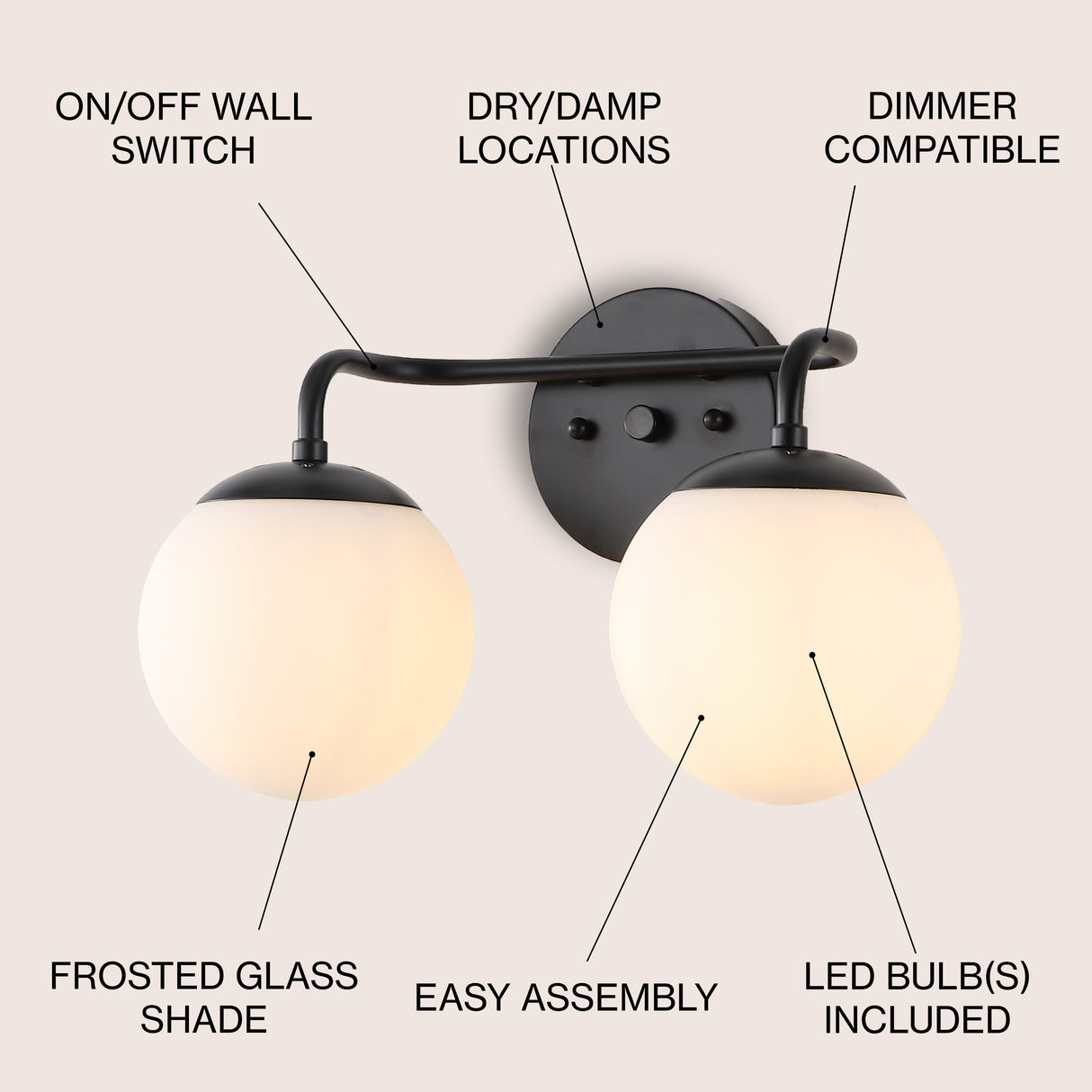 Louis 2-Light Metal/Frosted Glass Modern Contemporary LED Vanity Light