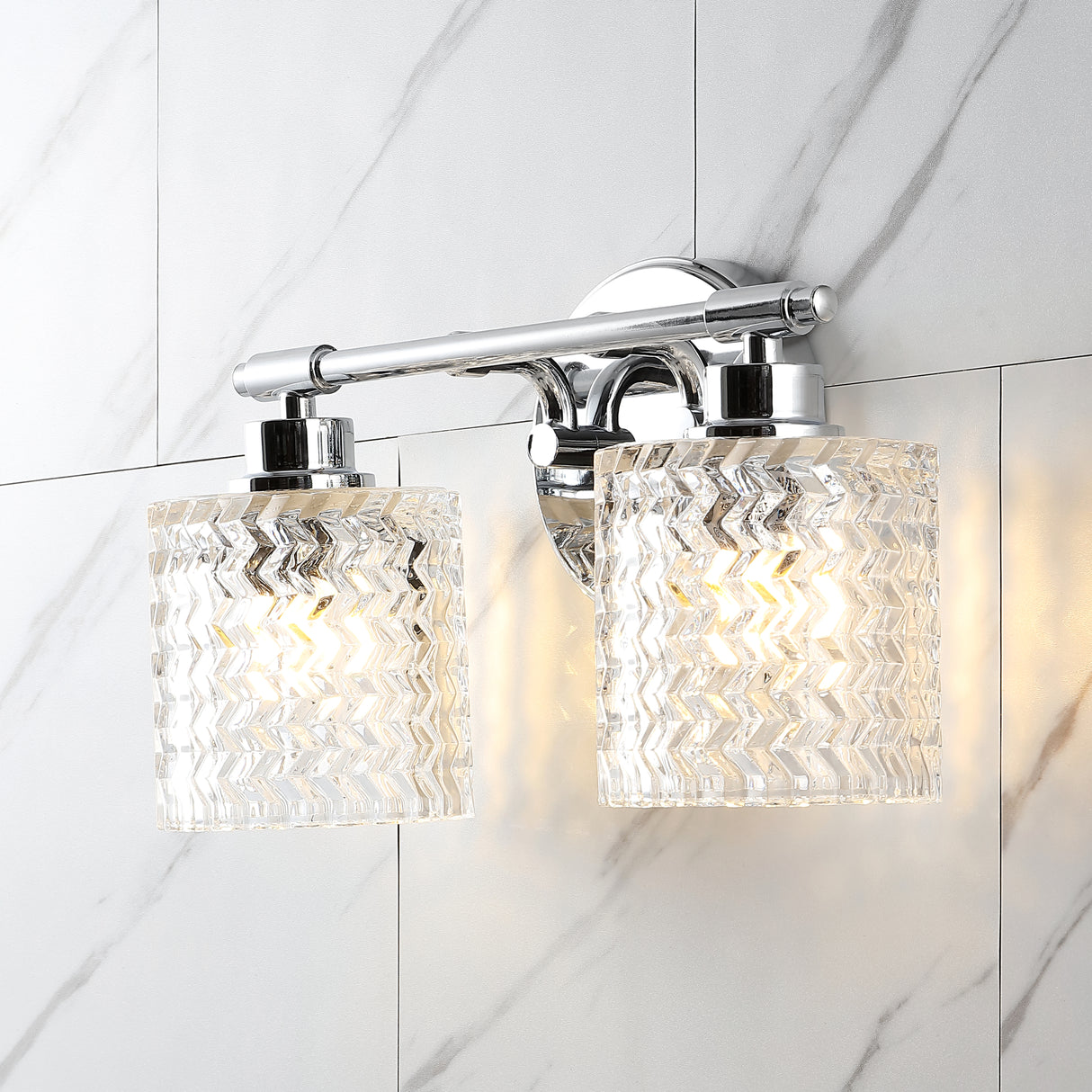 Spaulding-2-Light-Iron/Chevron-Pattern-Glass-Farmhouse-Cottage-LED-Vanity-Light-Vanity-Lights
