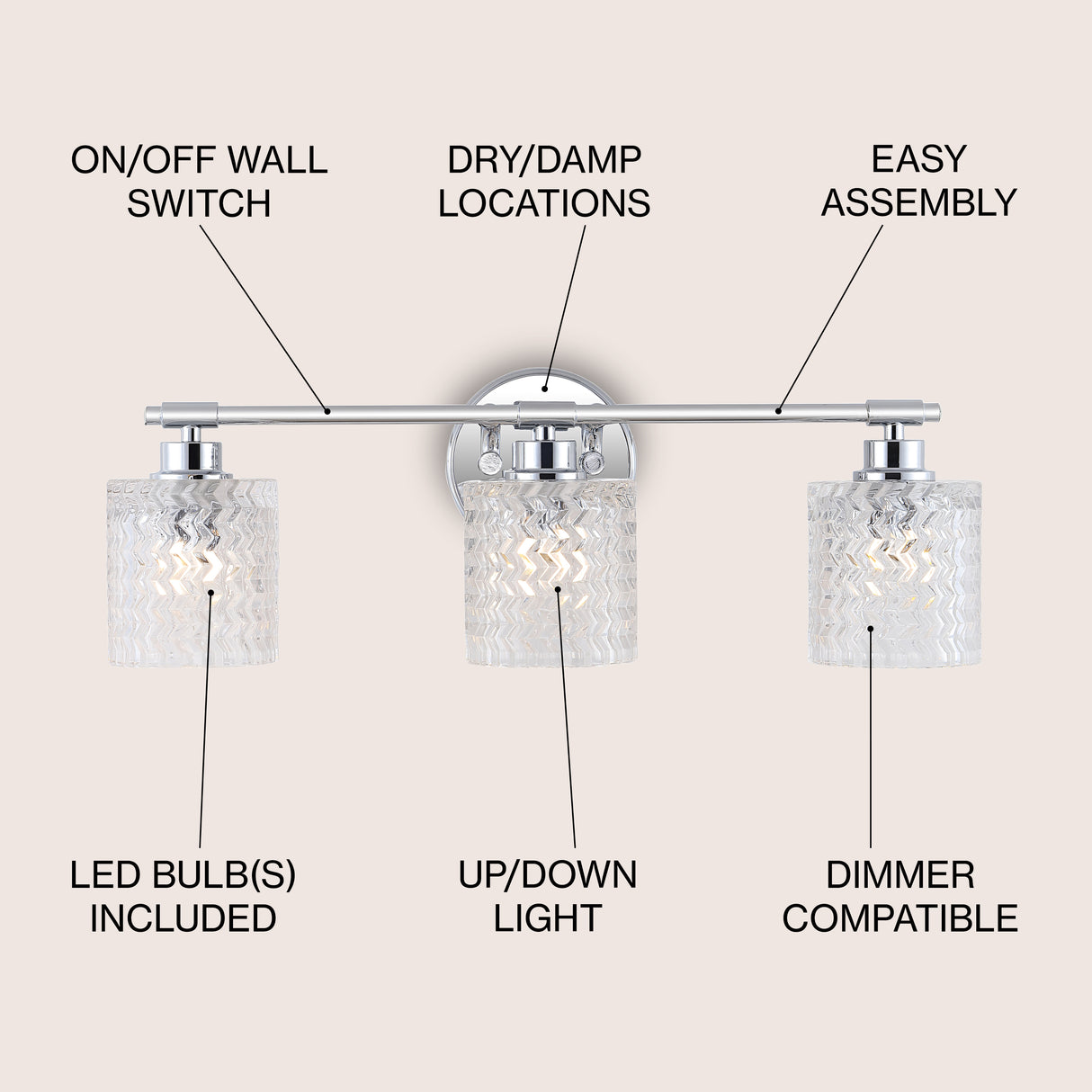 Spaulding 3-Light Iron/Chevron Pattern Glass Farmhouse Cottage LED Vanity Light