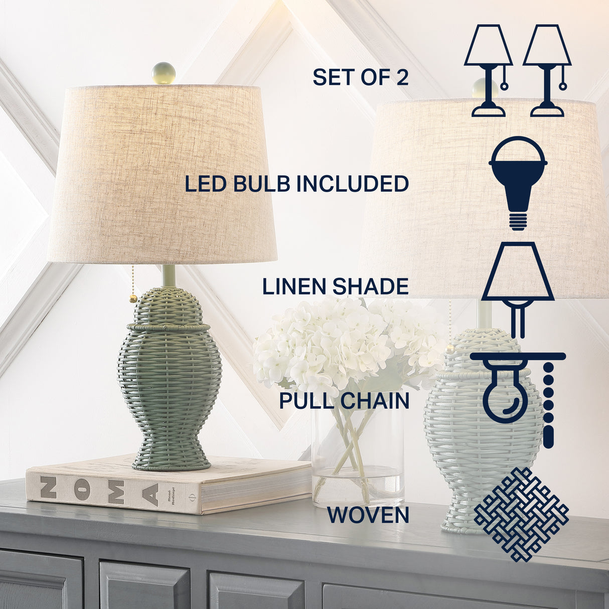 Margie Pair of Wicker Ginger-Jar Table Lamps