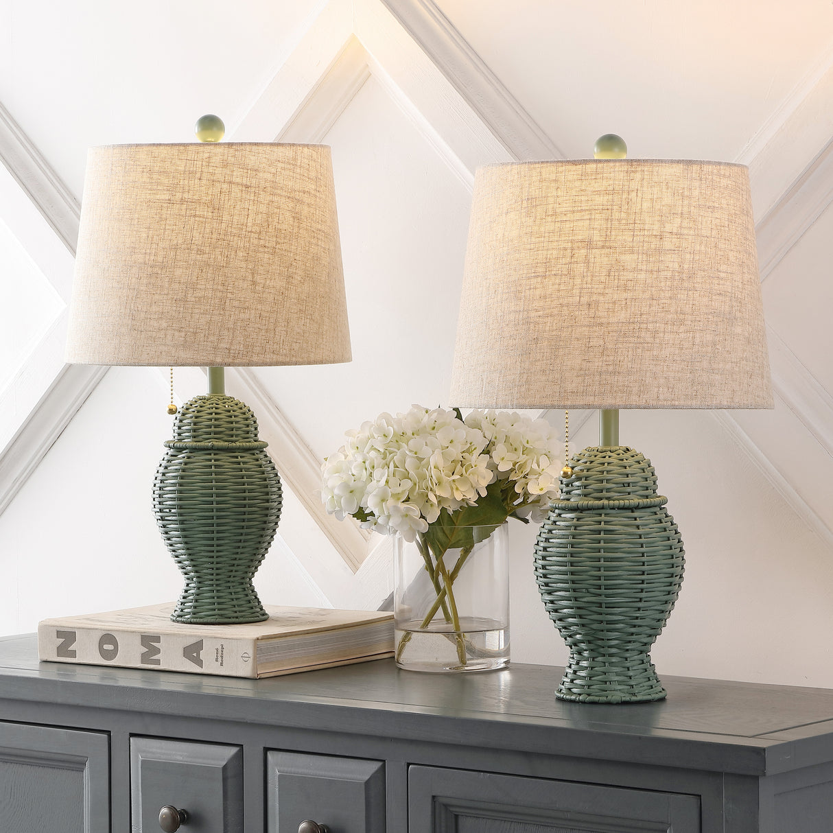 Margie Pair of Wicker Ginger-Jar Table Lamps
